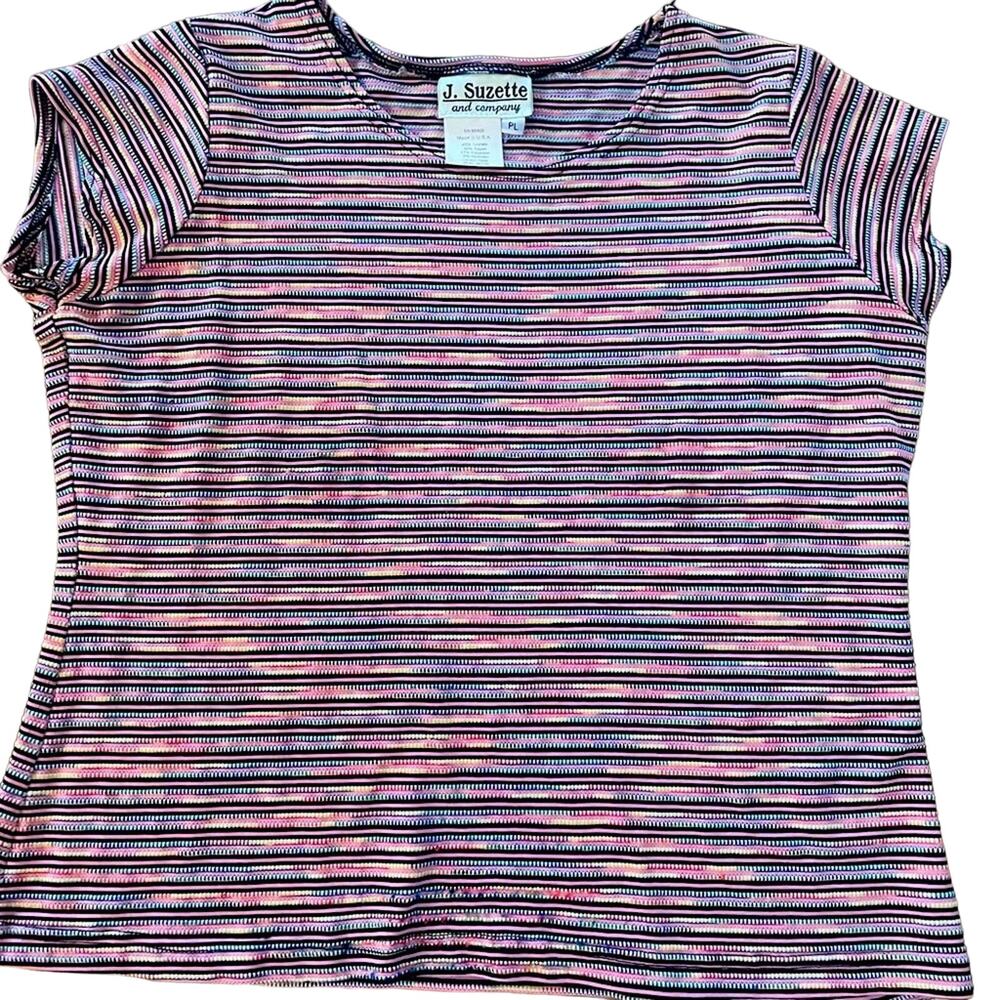 Vintage J. Suzette & Company Striped Tee Multicolor Pink Black Top Short Sleeve